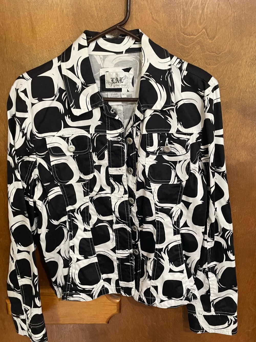 LAL Live a Little Black & White Geometric Button-Up Jacket
